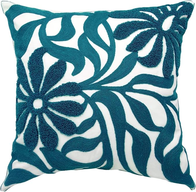 Alysheer Farmhouse Floral Leaves Embroidered Decorative Throw Pillow Cover 18x18 inches, Boho Tufted Flowers Embroidery Pattern Chic Cotton Cushion Case for Couch Bed Sofa Living Room(Teal Blue)