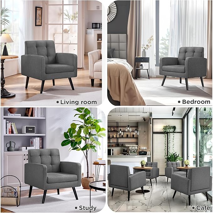 Yaheetech Modern Living Room Chair, Mid-Century Armchair Button Tufted Back and Wood Legs, Vintage Lounge Chair for Bedroom/Home Office/Study, Gray