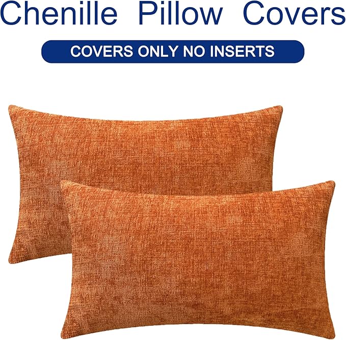 CaliTime Fall Throw Pillow Covers Decorative 12 X 20 Inches Pack of 2 Cozy Chenille Cushion Cases for Couch Sofa Bed Living Room Home Burnt Orange