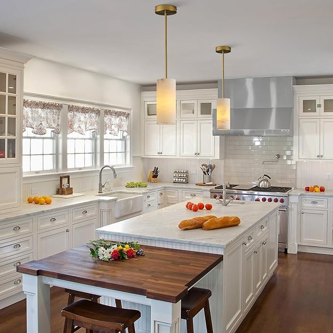 Alabaster Pendant Light Kitchen Island, H-9.5in Brass Pendant Light Fixtures with Natural Marble Shade, Adjustable Ceiling Pendant for Dining Room, Living Room, Bedroom & Bathroom