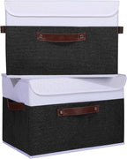 ANMINY 4PCS Storage Boxes with Lid Washable Decorative Storage Bins Basket with PU Leather Handle Foldable Linen Fabric Storage Cubes Containers for Home Closet Organizer - Black White, Large Size