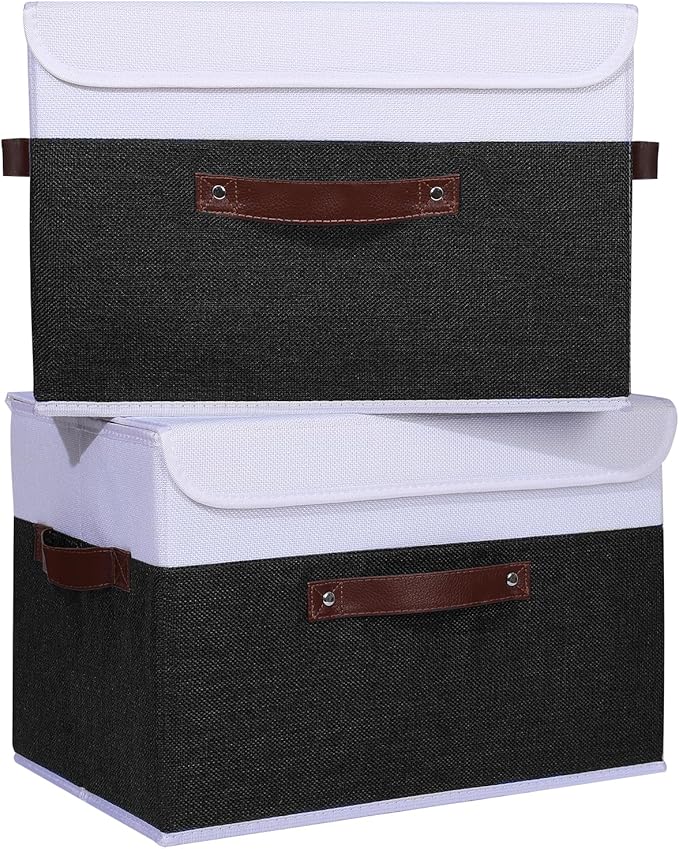 ANMINY 4PCS Storage Boxes with Lid Washable Decorative Storage Bins Basket with PU Leather Handle Foldable Linen Fabric Storage Cubes Containers for Home Closet Organizer - Black White, Large Size