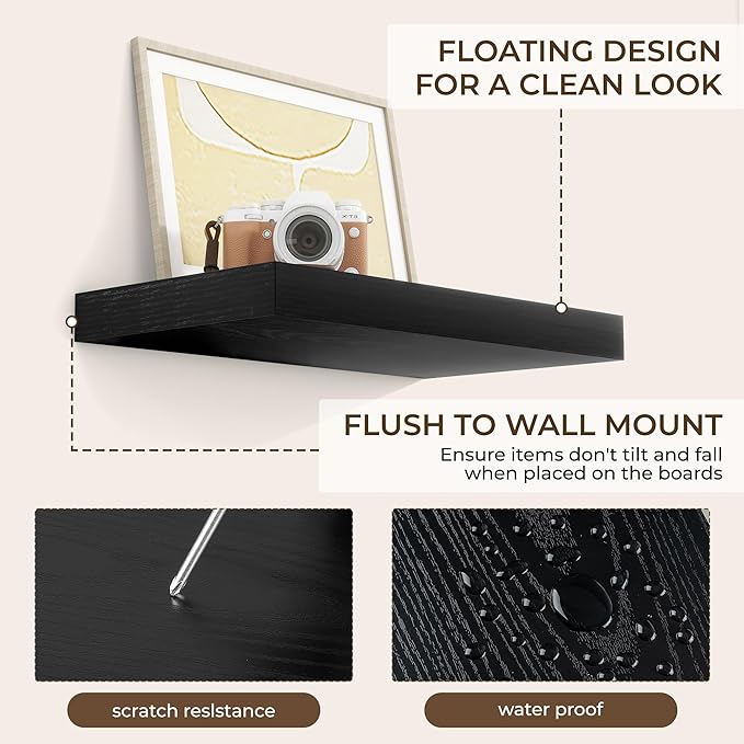 RICHFOCUS 16Inch Floating Shelves for Wall 2 Pack Shelves for Bedroom|Kitchen|Bathroom Wall Mounted Rustic Wood Floating Shelf with Invisible Brackets for Books|Storage|Decor, Black