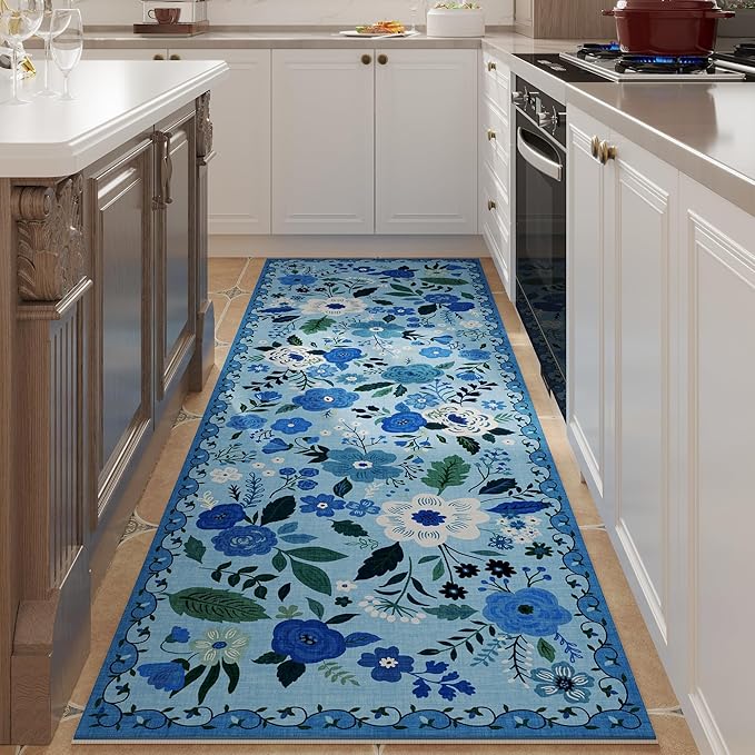 Runner Rug for Hallways Kitchen Rug Non Slip 2'x 6' Washable Runner Rugs with Rubber Backing Soft Floral Carpet Runner for Hallways, Kitchen, Laundry, Bedroom, Bathroom(Blue)