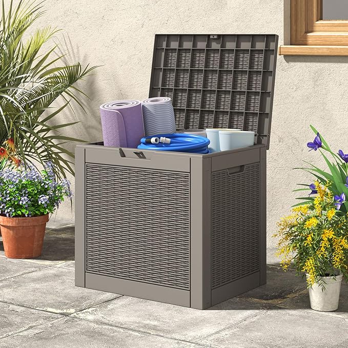 31 Gallon Deck Box, Resin Outdoor Storage Box, Waterproof and UV Resistant Deck Box, Lightweight Storage Box for Garden Tools, Pool Supplies