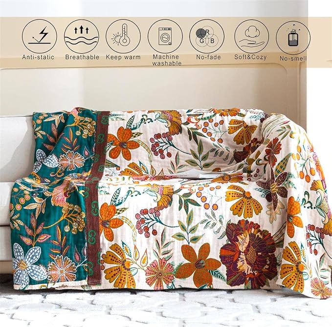 Summer Throw Blanket for Couch Bed Chair, 100% Cotton Muslin Breathable Woven Throws 60''x 80'' Boho Vintage Quilt for All Seasons Warm Lightweight Farmhouse Blankets Home Decoration