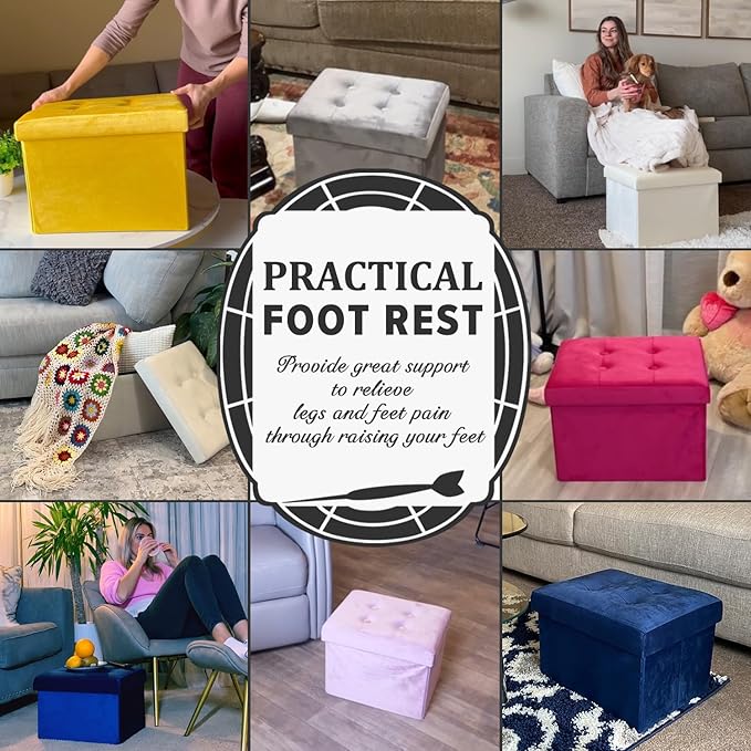 LINMAGCO Storage Ottoman Folding Foot Stool Velvet Foot Rest with Padded Modern Ottoman with Storage for Living Room Puppy Step Stool 17x13x13in(Black)