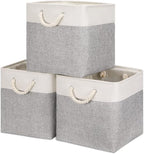 Bidtakay Fabric Basket Set - Large Square Organizer Bins, 13x13, Set of 3, White & Grey