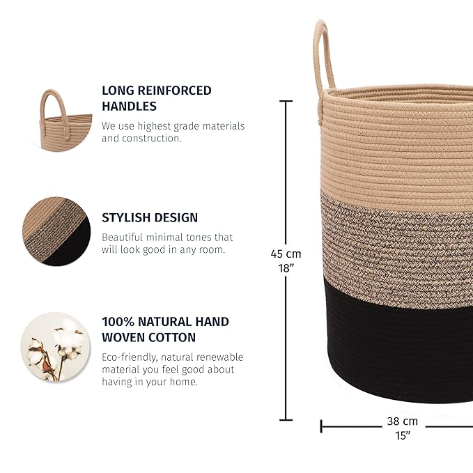 OrganiHaus Brown Woven Baskets for Storage 15x18, Boho Blanket Basket for Living Room, Toy Basket Storage for Kids, Baby Laundry Hamper, Large Storage Basket for Clothes, Basket for Blankets