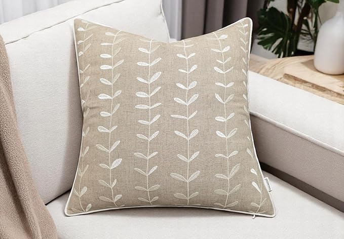 VAGMINE Embroidered Lollipop Cushion Cover - 20x20 Inches Square - 100% Linen Natural Throw Pillow Case - Textured Farmhouse Boho Décor - Elegant Rustic Accent for Sofa, Couch, Bedroom, Home Styling