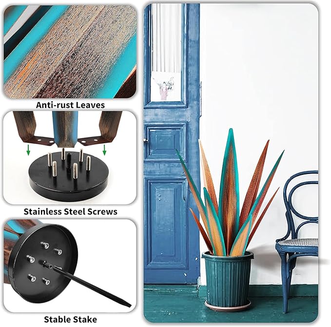 Large Tequila Rustic Sculpture, Agave Plants for Outdoor Patio, Home Decor Hand Painted Metal Garden Statue, Lawn Ornaments Yard Stakes (Blue - L)