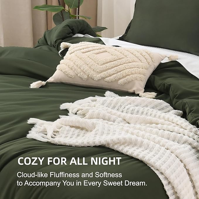 Litanika Comforters Olive Green Oversized Queen Size, 3 Pieces Lightweight Solid Bedding Comforter Set, All Season Fluffy Bed Set (98x98In Comforter & 2 Pillowcases)