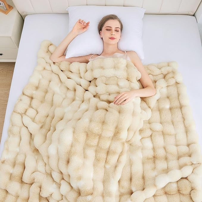 Tie-dye Camel Faux Fur Rabbit Thick Throw Blanket for Couch Living Room 50x60 Fluffy Bed Furry Comforter Soft Blanket Best Housewarming Home Gifts 860 GSM