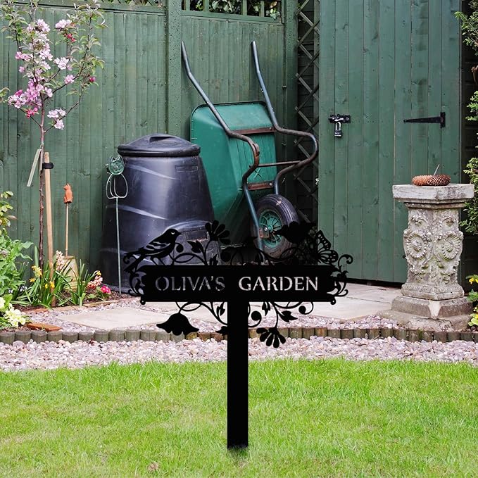 Customized Metal Birds and Flowers, Personalized Garden Sign with Stake, Gardening Decor for Outdoor, Patio and Farmhouse Decorations