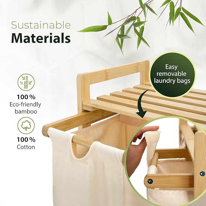 Laundry Hamper 3 Section beige - Large Bamboo Laundry Sorter with Removable Cotton Bags -Three Compartment Organizer for Clothes - Durable, Eco-Friendly, and Stylish Storage Solution for Home