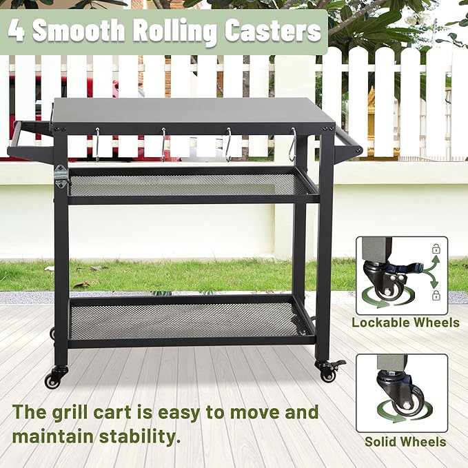 Domi 3-Shelf Outdoor Grill Table, Grill Cart Outdoor with Wheels, Pizza Oven and Food Prep Table, Blackstone with Propane Tank Hook, BBQ Stand for Blackstone Griddle for Outside BBQ