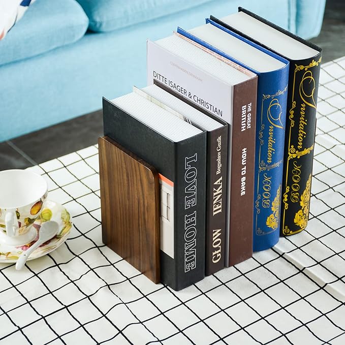 Large Bookend Hold Heavy Books- 7x4x5in 3 Pack Wood Bookends for Heavy Books Heavy Duty Walnut Book Ends for Men Wood Bookends for Office Desk Non-Skid