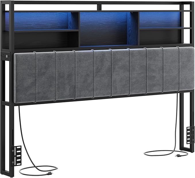 Headboard with 3-Tier Storage Shelves, Velvet Upholstered Head Board with 2 Outlets, USB Ports & LED Light, Soft Backrest for King Size Bed, Black BH19404B