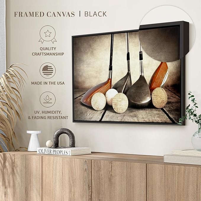 Elephant Stock Golf Sets Wall Art - Horizontal Framed Canvas - 1-Piece Mancave Wall Decor - Photography Sports Canvas Print - Yellow and Brown Decor for Wall - 31" X 21"