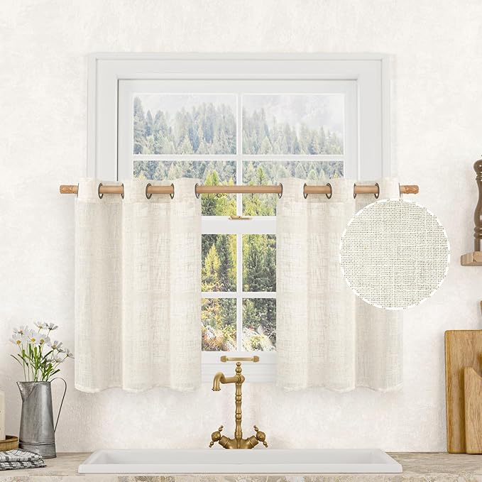 LAMIT 30 Inch Cafe Linen Curtains for Small Window, Cream Ivory Semi Sheer Light Filtering Short Curtains Bronze Grommet Neutral Drapes for Bathroom/Basement, 2 Panels, Natural, 34 x 30 Inch