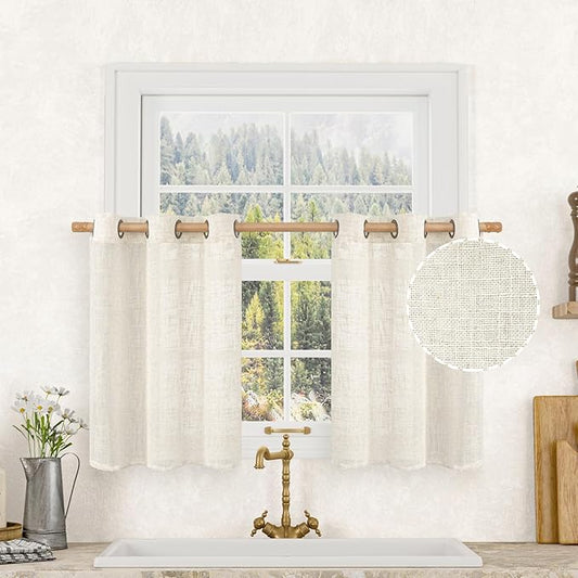 LAMIT 30 Inch Cafe Linen Curtains for Small Window, Cream Ivory Semi Sheer Light Filtering Short Curtains Bronze Grommet Neutral Drapes for Bathroom/Basement, 2 Panels, Natural, 34 x 30 Inch