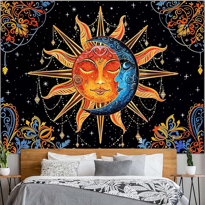 Lunerfex Sun and Moon Tapestry Mandala Wall Tapestry, Cute Tapestries for Bedroom Ceiling Tapestries Wall Hanging for Bedroom Living Room Decor Sun-1 44"x60"