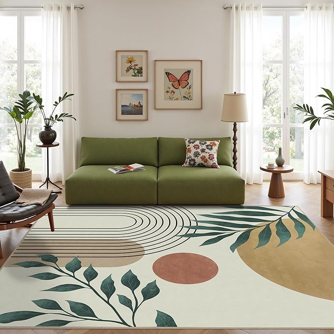 Indoor Outdoor Area Rug, Mid Century Sun Outdoor Patio Rug,Washable Abstract Art Leaves Eucalyptus Runway Rugs Non-Slip Carpet for Camping, Bedroom, Deck(8x10)