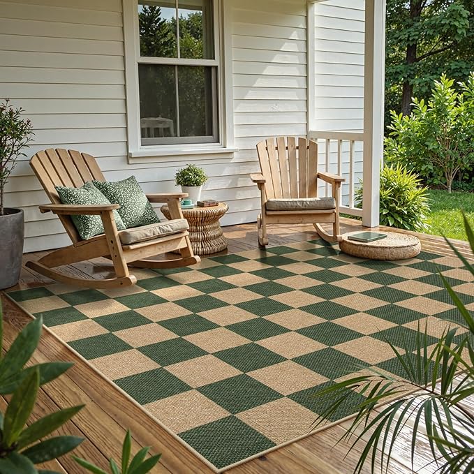 Lahome Checkered Easy Jute Dining Room Rug, 5x7 Indoor Outdoor Rugs for Patio Living Room, Neutral Checkerboard Non Slip Low Pile Green Carpet for Bedroom Office Backyard