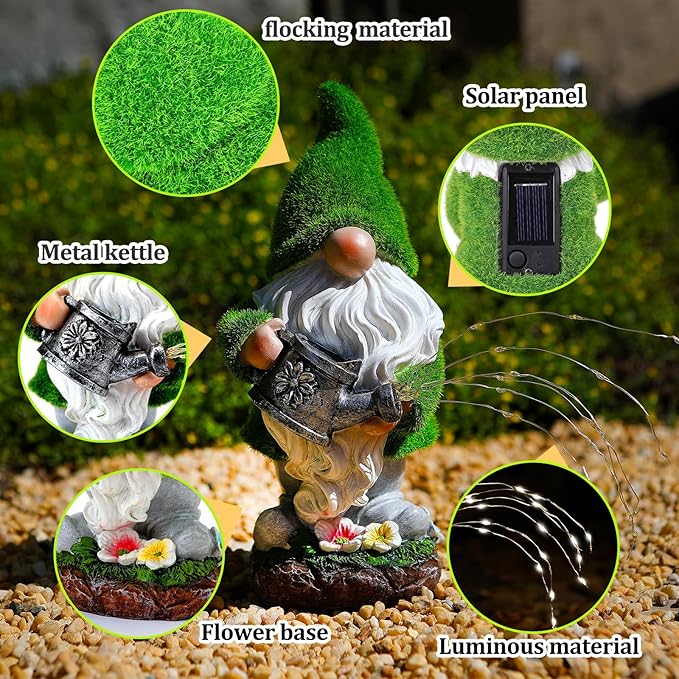 Flocked Solar Garden Gnomes Outdoor Statues-11.8‘’Outdoor Garden Decor-LED Outdoor Decor Light-Unique Housewarming Gifts Yard Art Sculptures for Patio Lawn Ornaments