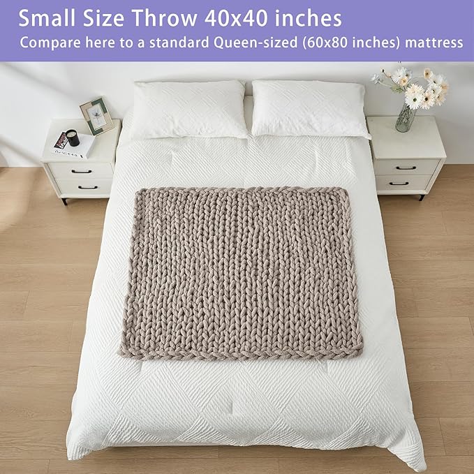 Bigacogo Chunky Knit Throw Blanket for Couch, 40x40 inches, 100% Hand Knitted with Thick Jumbo Chenille Yarn, Cozy Soft Large Rope Knot Cable Crochet Blankets for Sofa Bed Living Room, Taupe