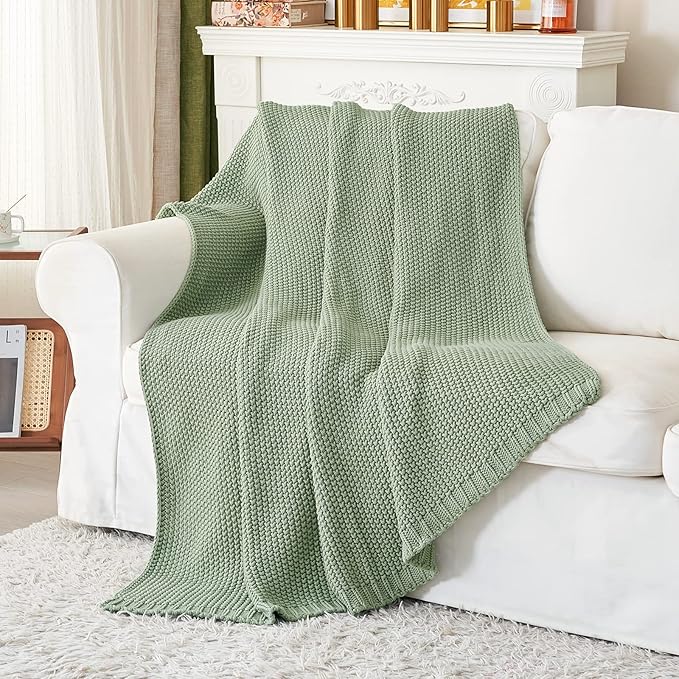 Chunky Cable Knit Throw Blanket Lightweight Light Green 100% Organic Cotton Blanket for Sofa Couch Bed Baby Nursery, Rustic Shabby Chic Modern Farmhouse, 60” x 80” Bonus Laundering Bag