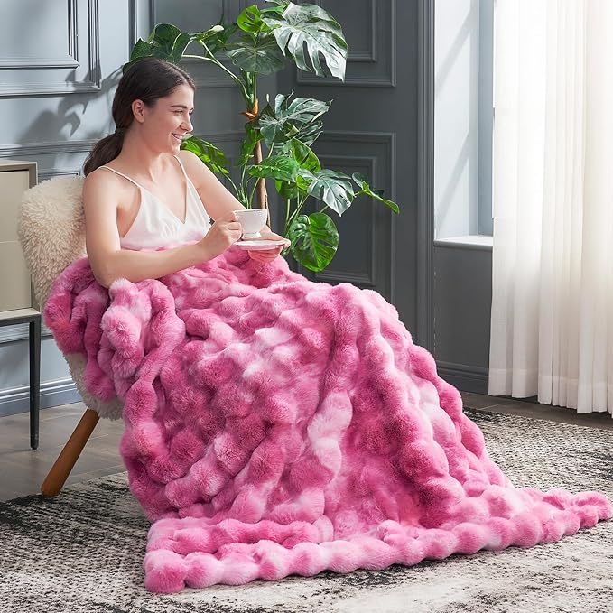 Cozy Bliss Faux Fur Throw Blanket for Couch, Fuzzy Soft Plush Thick Bubble Blanket for Sofa Bedroom Living Room, 50 * 60 Inches Tie Dye Pink