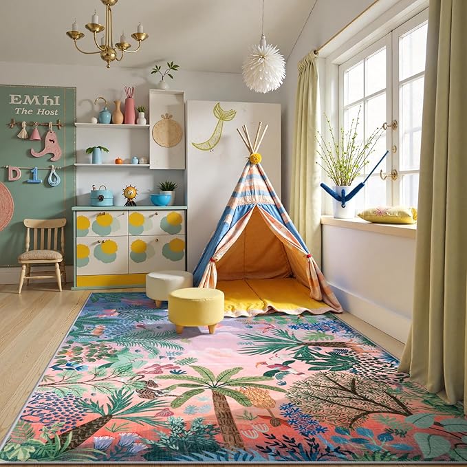 LIVEBOX Jungle Rugs 5x7 Kids Rugs for Bedroom Girls, Soft Lavender Rug for Nursery Baby Room, Non-Slip Girls Bedroom Rug, Machine Washable Purple Modern Dining Room Floor Carpet