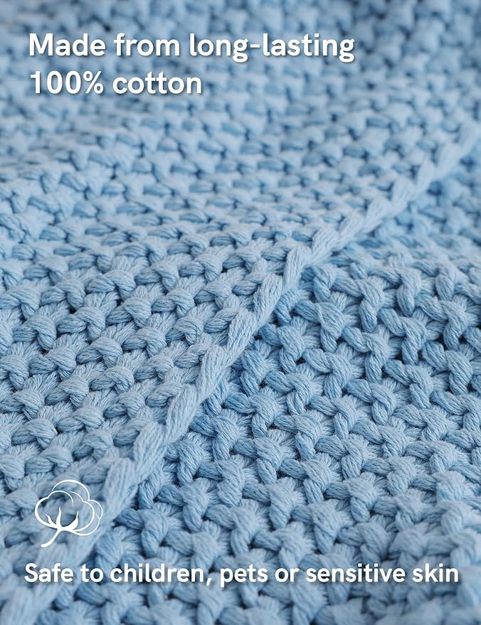 YnM Chunky Cotton Knit Throw Blanket, Cable Knit Throws for Bed Couch Sofa, Comfy & Relaxing, Decorative Piece for Farmhouse Modern Boho Rustic Scandinavian Chic Vibe, Aqua Blue 50x60 Inches