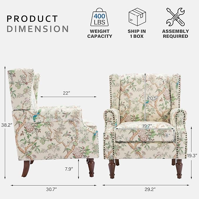 Lumibee High Back Accent Chair, Armchair in Fabric,Comfy Upholstered Wingback Single Sofa Reading Chair with Solid Wood Legs for Living Room,Bedroom,Office-Bird