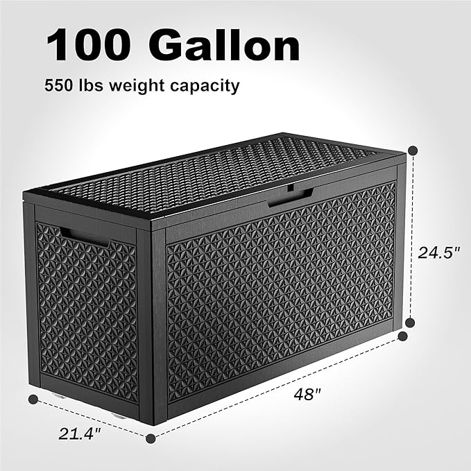 100 Gallon Deck Box Large Outdoor Storage for Patio Furniture,Outdoor Cushions,Garden Tools and Pool Supplies,Waterproof,Resin,Lockable(Black Lozenge)