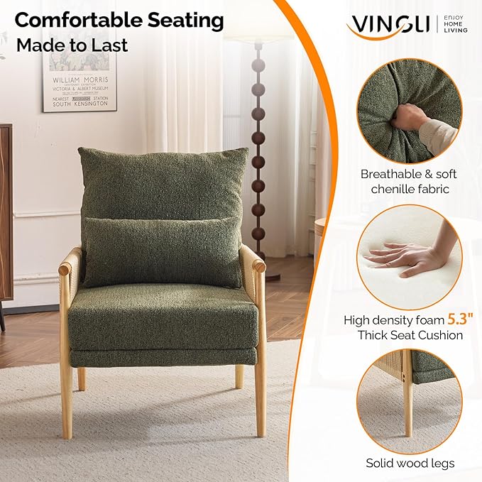 VINGLI Boho Braid Accent Armchair,Mid-Century Modern Chiar with Solid Wooden Armrest,Comfy Louge Cushion Chair with Waist Pillow for Bedroom,Living Room,Reading Room, Dark Green