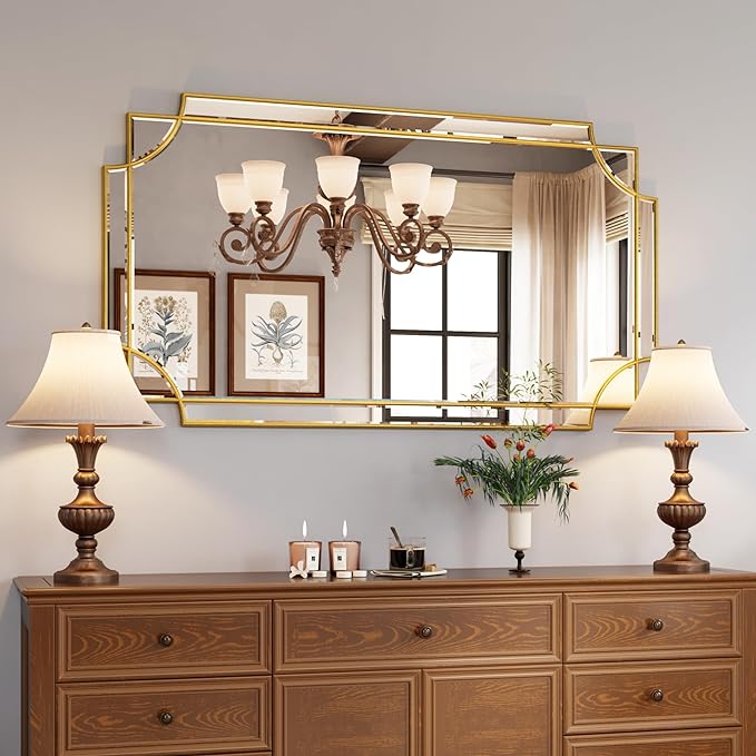 Kelly Miller 28"x50" Large Gold Mirror for Wall, Modern Elegant Decorative Mirror Rectangular Vanity Mirror Beveled for Bathroom Living Room Bedroom Farmhouse Fireplace Entryway Hallway