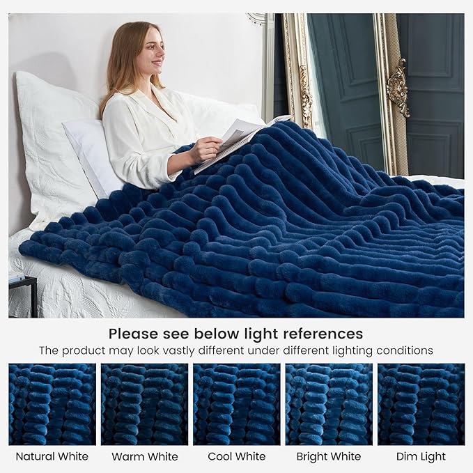Cozy Bliss Faux Fur Throw Blanket for Couch, Cozy Warm Plush Striped Blanket for Sofa Bedroom Living Room,60 * 80 Inches Navy Blue