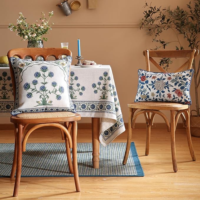 patdrea Designer Floral Linen Throw Pillow Covers,Blue French Cottage Flower Pattern Decorative Pillowcases Cushion for Bed Living Room Outdoor Car,Pack of 4