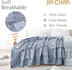 jinchan Boho 100% Cotton Muslin 50x60 Throw Blanket Lightweight 3-Layer Blue Blanket Washable Reversible Breathable Decorative Geometric Striped Patterned Soft Cozy for Sofa Bed All Season Gift