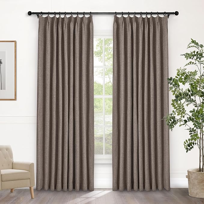Macochico Pinch Pleated 100% Blackout Curtains Light Coffee Linen Curtains for Bedroom Living Room Farmhouse Thermal Insulated Window Panels Pleated Curtains with Hooks and Tieback 52”Wx72”L 1 Panel
