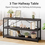 LVB Industrial Console Table, Metal and Wood Sofa Table, Rustic Entryway Table with Storage, Modern 3 Tier Shelf Long Foyer Tables Behind Couch for Home Living Room Hallway, Dark Gray Oak, 55 Inch