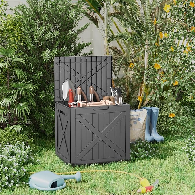 32 Gallon Deck Box Large Outdoor Storage for Patio Furniture,Outdoor Cushions,Garden Tools and Pool Supplies,Waterproof,Resin,Lockable(Black)