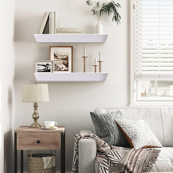 16"x6.8"x1.6" Slanted Floating Wall Shelves 2-Pack - Rustic White Finish, Heavy-Duty Solid Wood Design with Hidden Brackets - Perfect for Living Room, Kitchen, Bathroom, or Office