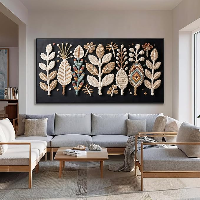 Large Boho Black Wall Art For Living Room Chic Home Wall Art Modern Multicolor Leaves Feather Canvas Wall Art Decor Picture For Bedroom Apartment Kitchen Home Wall Decor 29" X 58" With Framed