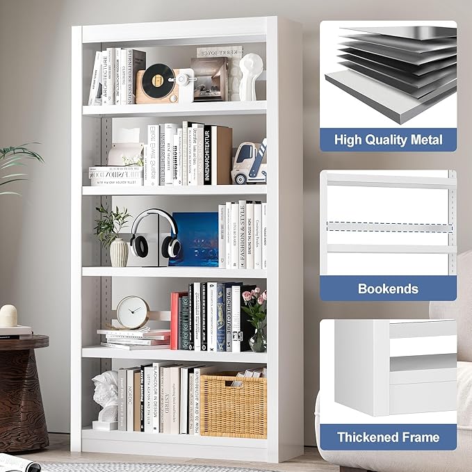 Metal Bookshelf Adjustable - 61" Tall White Bookcase, 5 Tier Book Shelf, Tooless Assembly Book Case, Modern Bookshelves and Bookcases for Home Office, Living Room, Bedroom, Study, Library