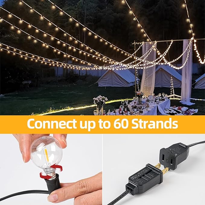 25FT G40 LED Outdoor String Lights with 12+1 Bulbs, E12 Socket, 2700K Warm White, Commercial Grade Weatherproof & Connectable for Garden, Patio, Backyard, Bistro, Porch, Deck, Gazebo, Camping, Party