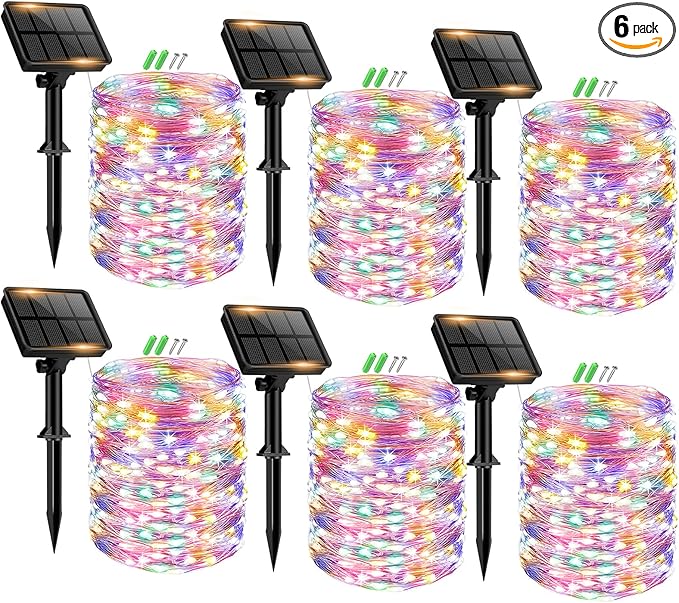 6 Pack Solar Fairy Lights for Outside Waterproof, 49FT/15M 150LED Solar String Lights Outdoor 8 Modes Solar Twinkle Lights for Garden Yard Christmas Tree Wedding Party Decor, Multicolor