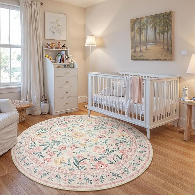 Wonnitar Washable Round Rugs 6ft, Pink Floral Circle Rug Large Round Carpet for Bedroom, Boho Soft Ultra-Thin Circular Carpets for Kids Playroom Living Room Nursery